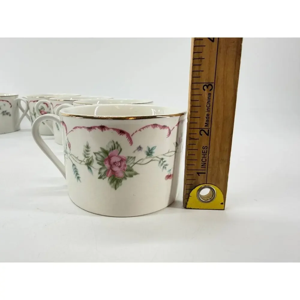 Tabletops Unlimited Floral Rose Coffee Tea Cups Gold Trim Set of 8 Made in China